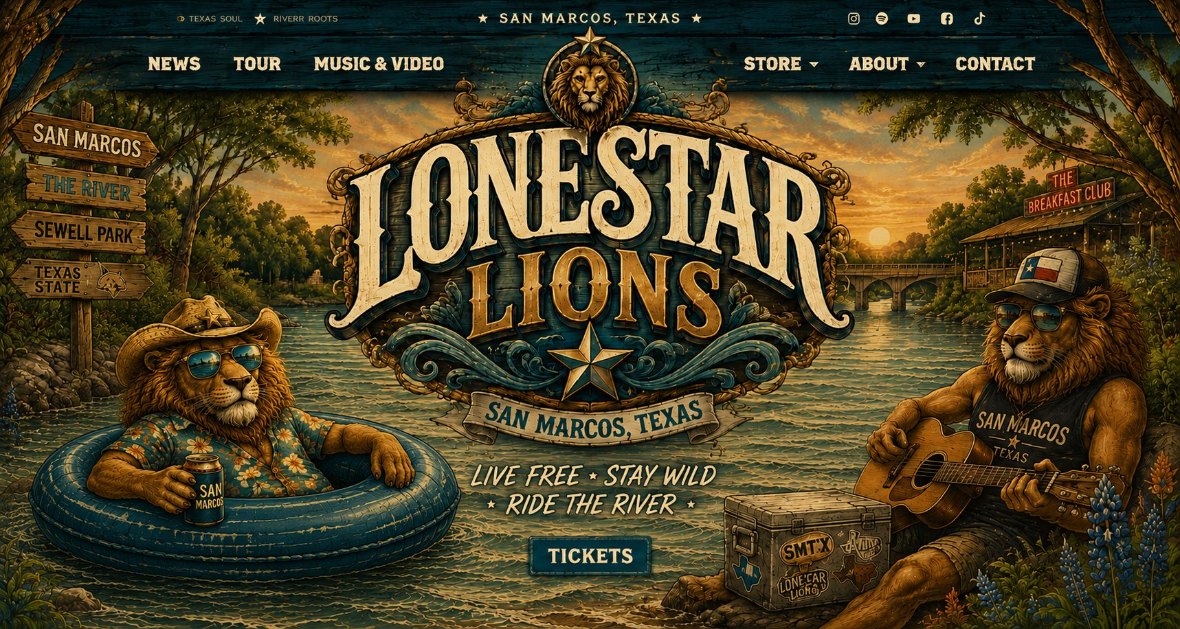 Lonestar Lions — two lions tubing the San Marcos river beneath the band logo